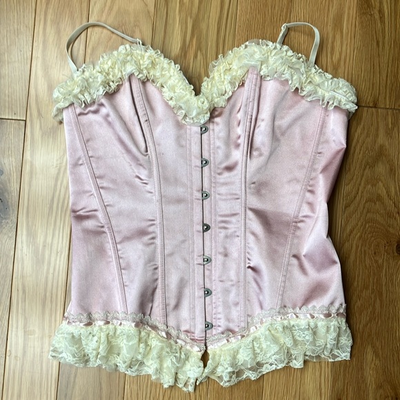 Glam Satin Pink Corset with Lace Trim - Picture 1 of 6
